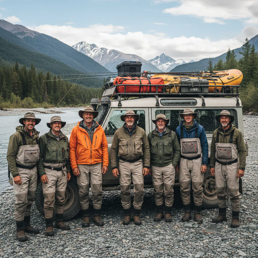 Professional fishing guides by a Land Rover