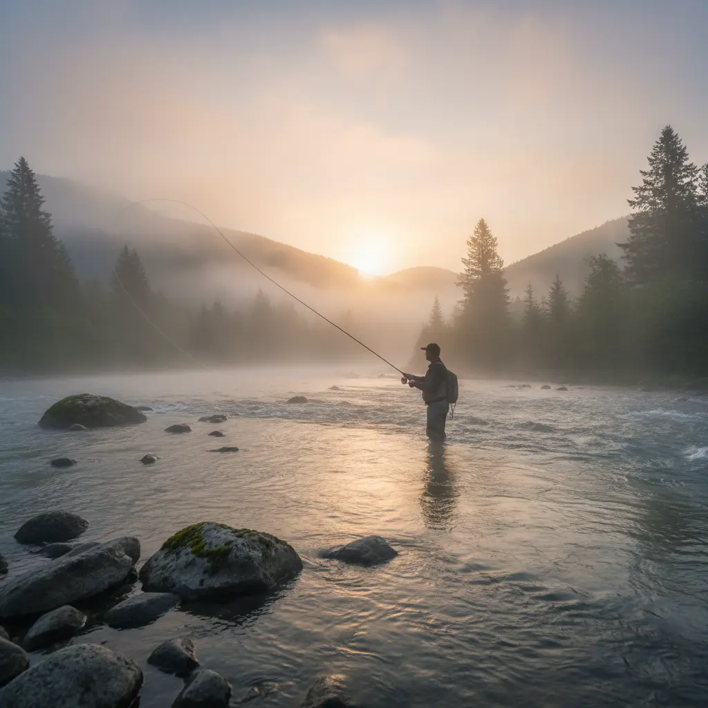 Fly fisherman casting in a misty river at sunrise